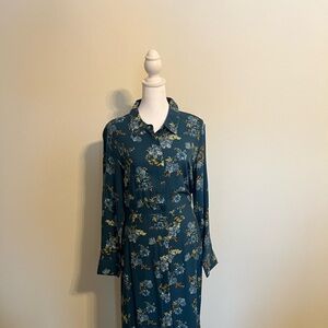 Lucky Brand Teal Floral Long Sleeve Shirt Dress